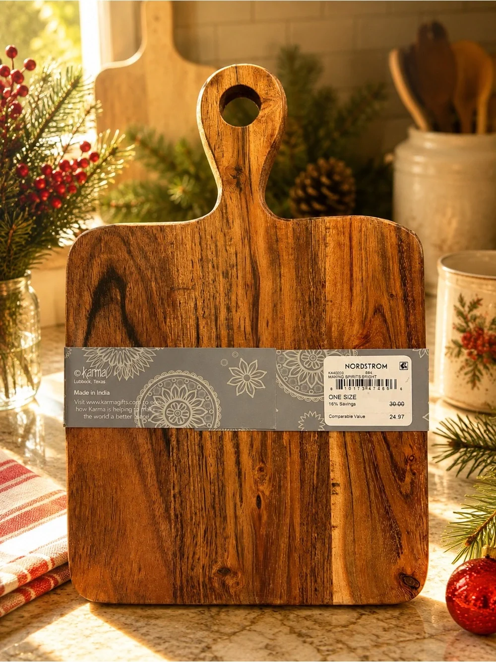 Karma Cutting Board with Holiday Towel